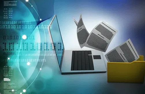 Laptop con documentos digitales volando hacia una carpeta